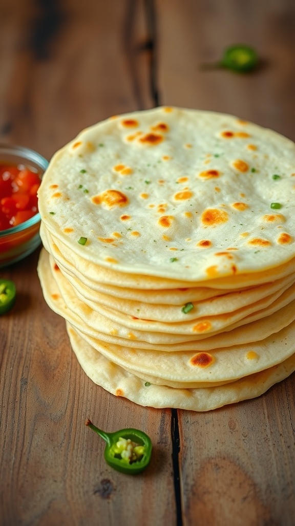 A stack of golden brown jalapeño cheddar tortillas with salsa and fresh jalapeños on a wooden table.